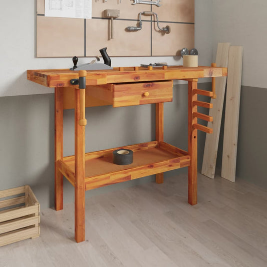 Workbench With Drawer And Vices 124X52X83 Cm Solid Wood Acacia