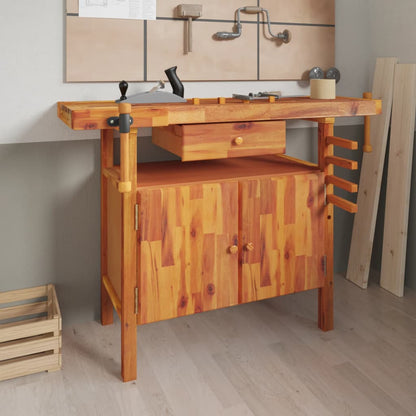 Workbench With Drawer And Vices 124X52X83 Cm Solid Wood Acacia