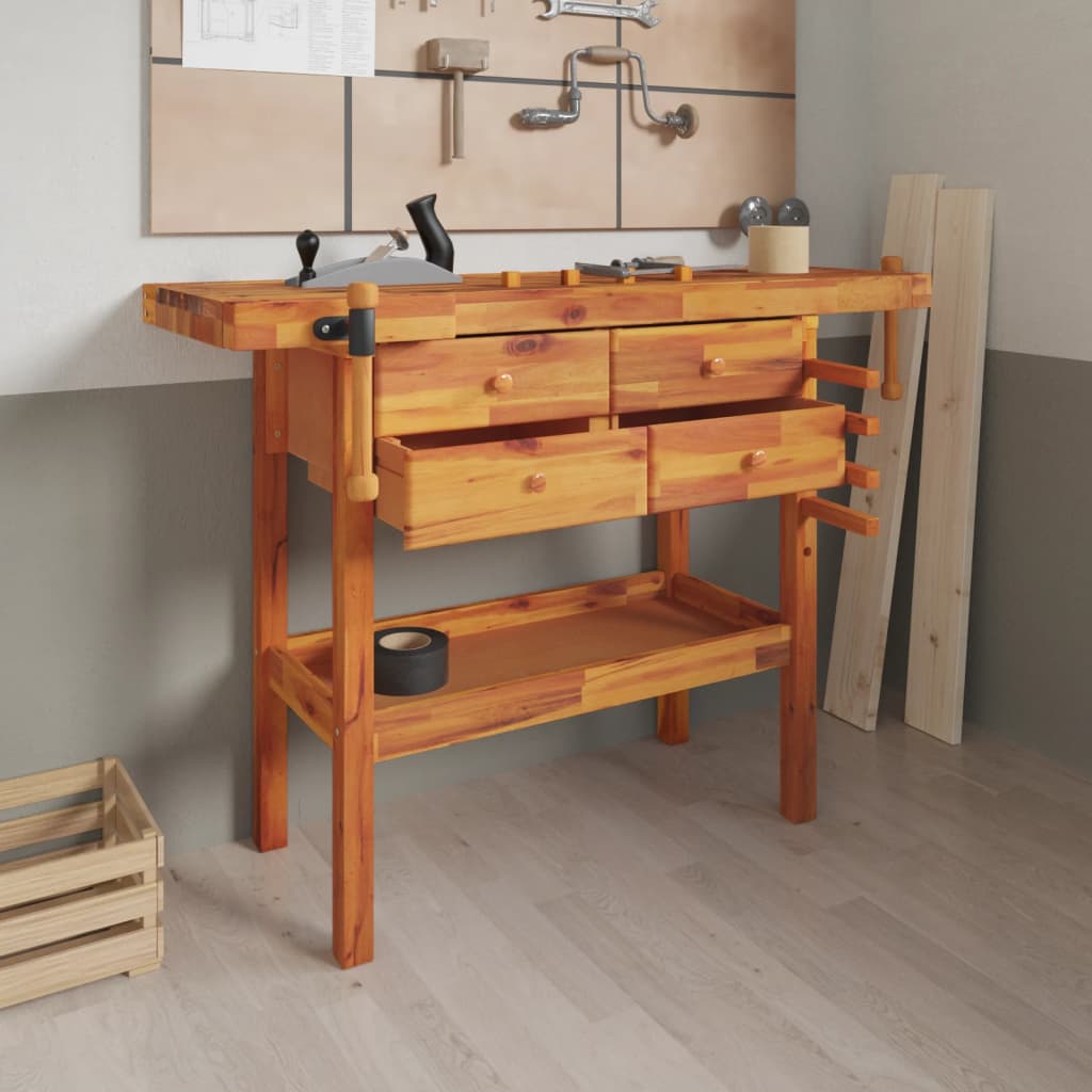 Workbench With Drawer And Vices 124X52X83 Cm Solid Wood Acacia