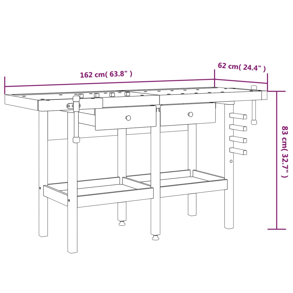 Workbench With Drawers And Vices 162X62X83 Cm Solid Wood Acacia