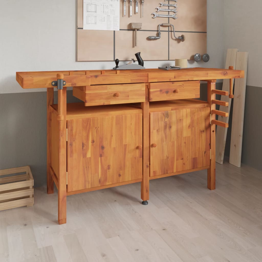 Workbench With Drawers And Vices 162X62X83 Cm Solid Wood Acacia