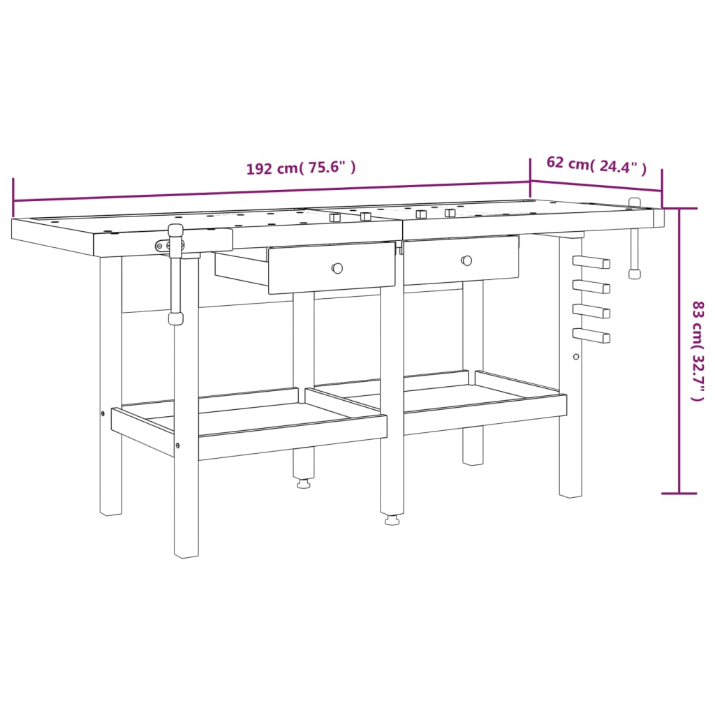 Workbench With Drawers And Vices 192X62X83 Cm Solid Wood Acacia