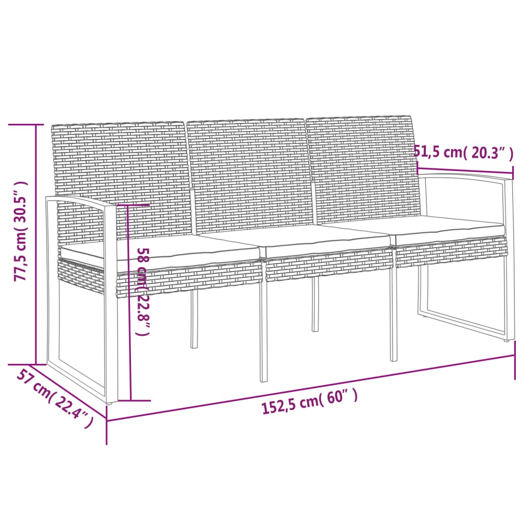 3-Seater Garden Bench With Cushions Pp Rattan