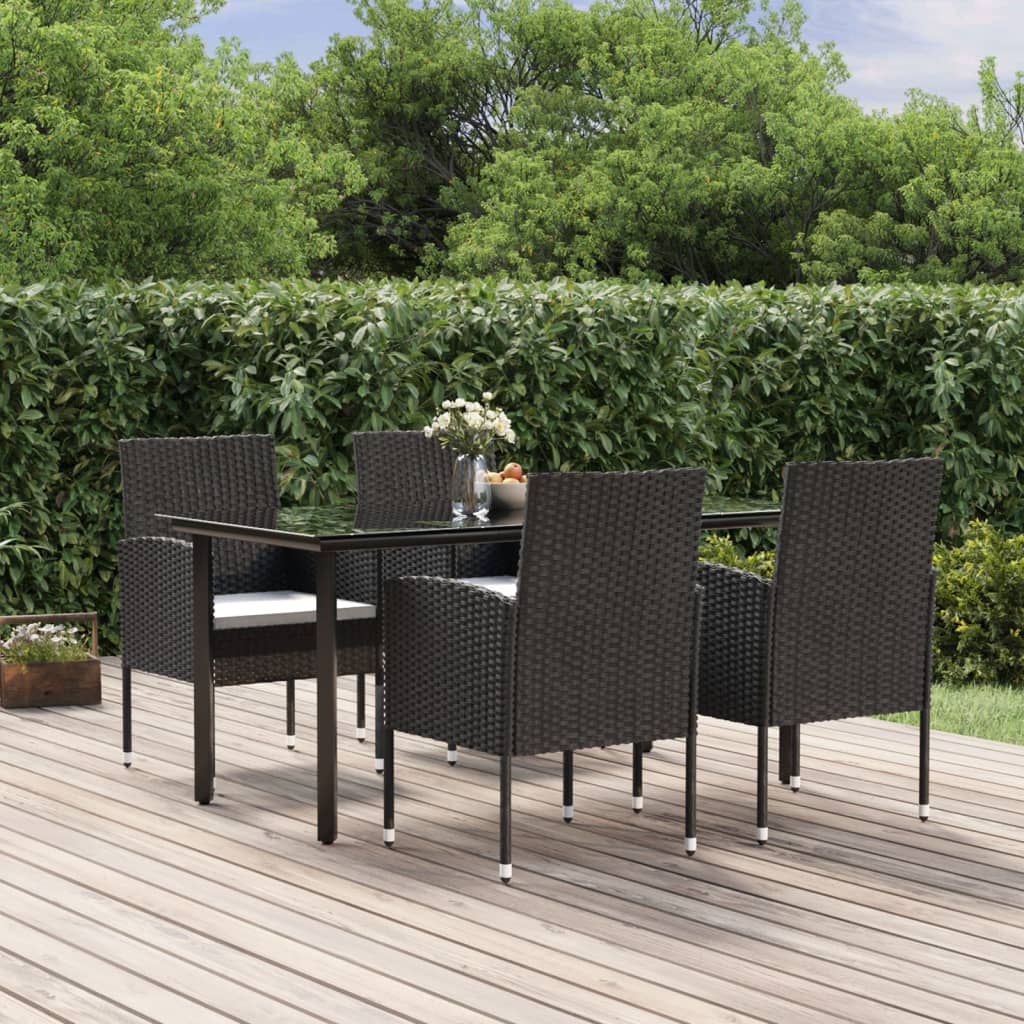 5 Piece Garden Dining Set With Cushions Black Poly Rattan