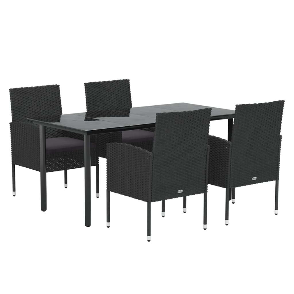 5 Piece Garden Dining Set With Cushions Black Poly Rattan