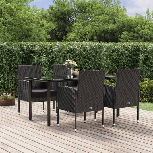5 Piece Garden Dining Set With Cushions Black Poly Rattan