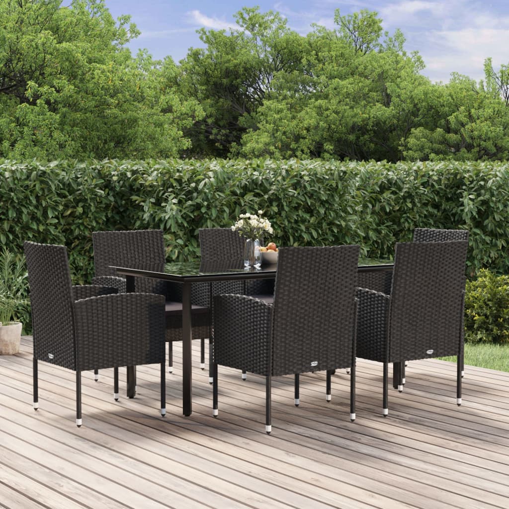 5 Piece Garden Dining Set With Cushions Black Poly Rattan