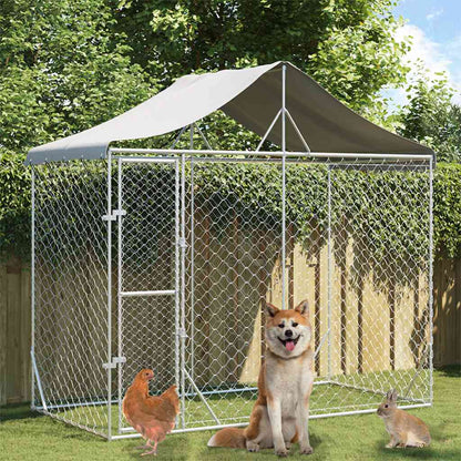 Outdoor Dog Kennel With Roof Silver Galvanised Steel