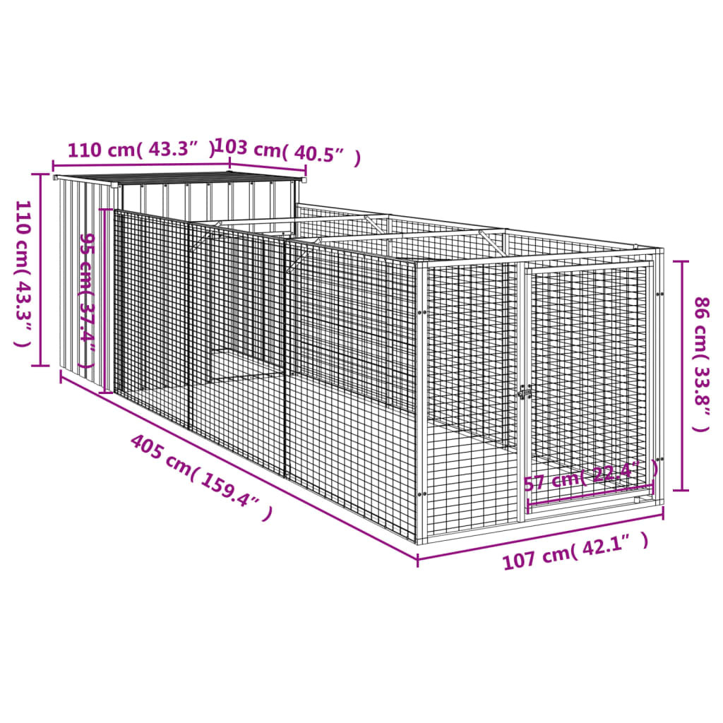 Dog House With Run Galvanised Steel