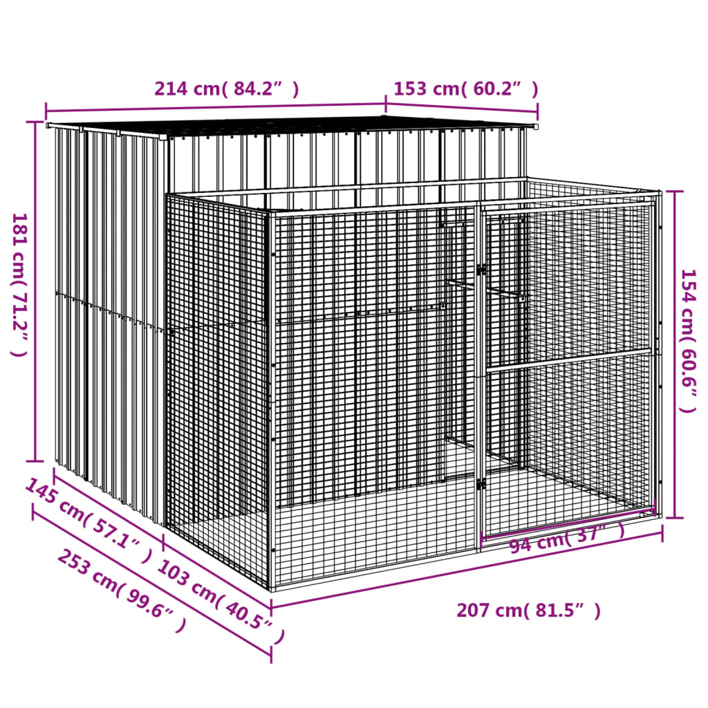 Dog House With Run Galvanised Steel