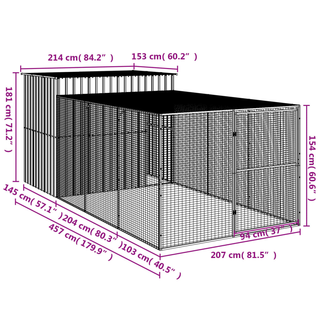 Dog House With Run Galvanised Steel