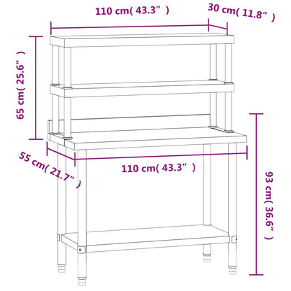 Kitchen Work Table With Overshelf 110X55X150 Cm Stainless Steel