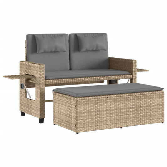 Reclining Garden Bench With Cushions Beige Poly Rattan