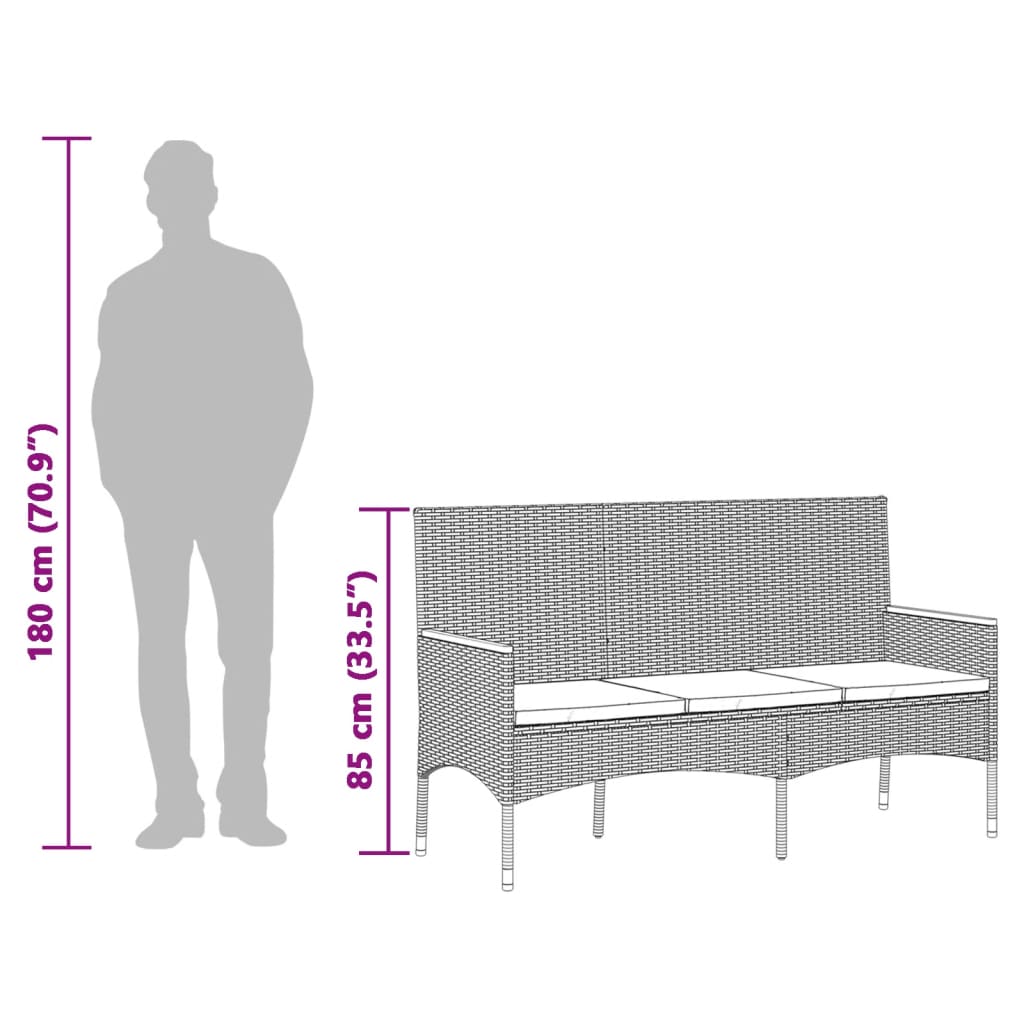 Garden Bench 3-Seater With Cushions Poly Rattan