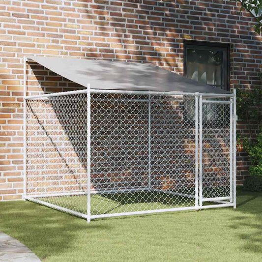 Dog Cage With Roof And Door Grey Galvanised Steel