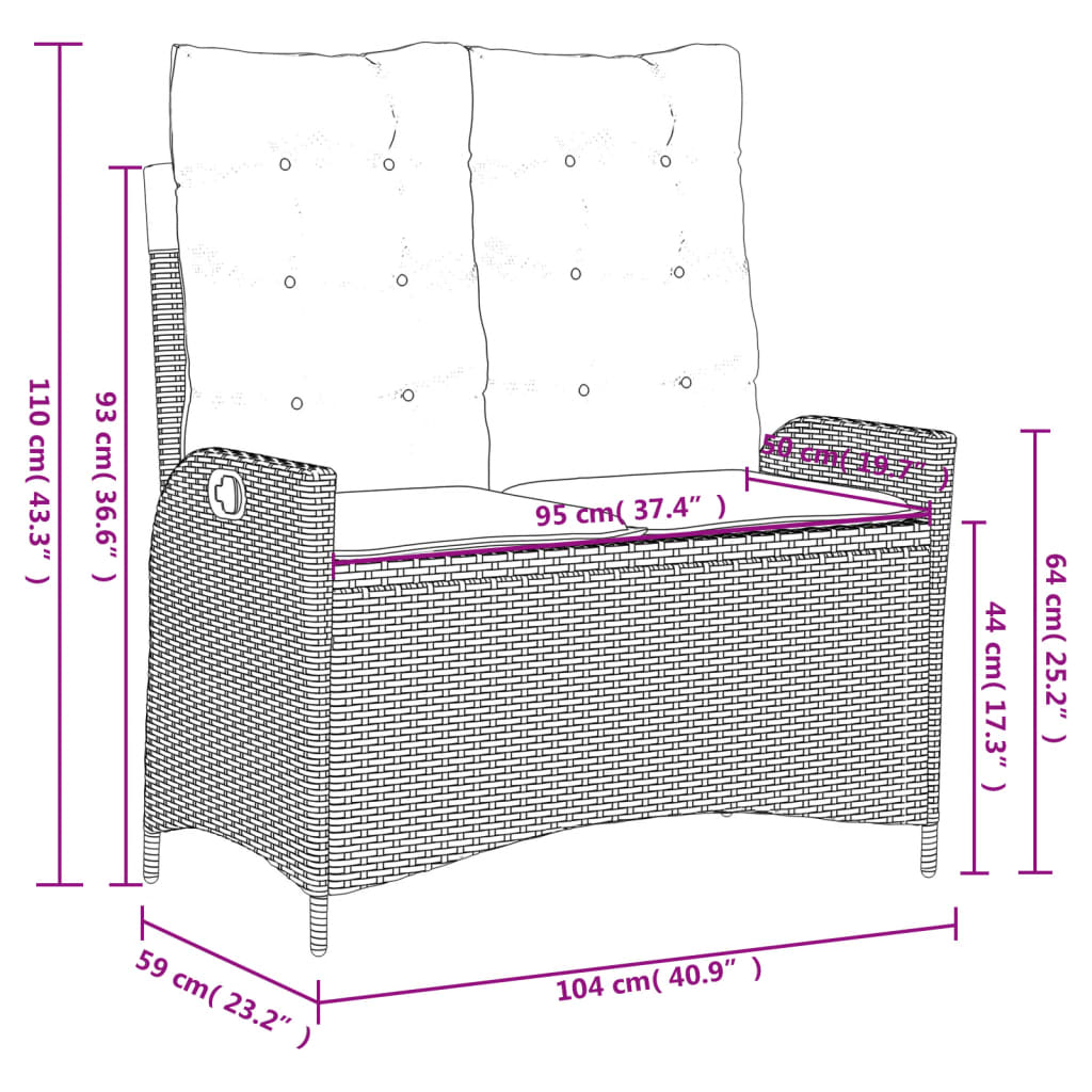 Reclining Garden Bench With Cushions Poly Rattan