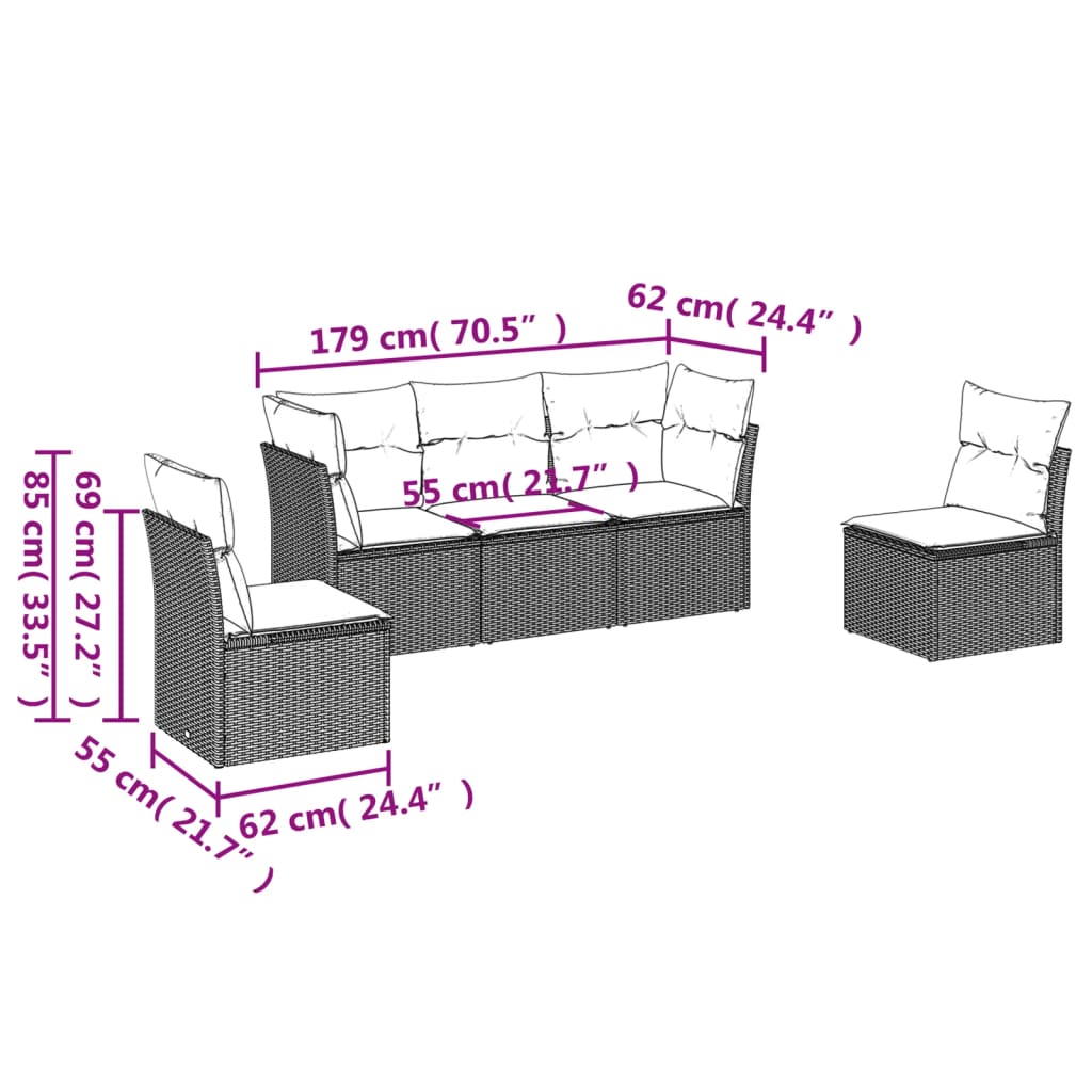 5 Piece Garden Sofa Set With Cushions Poly Rattan
