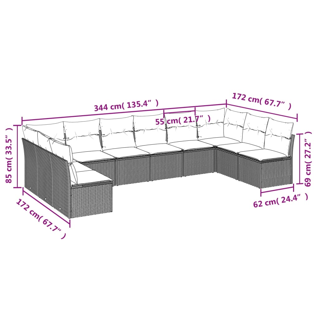 10 Piece Garden Sofa Set With Cushions Poly Rattan