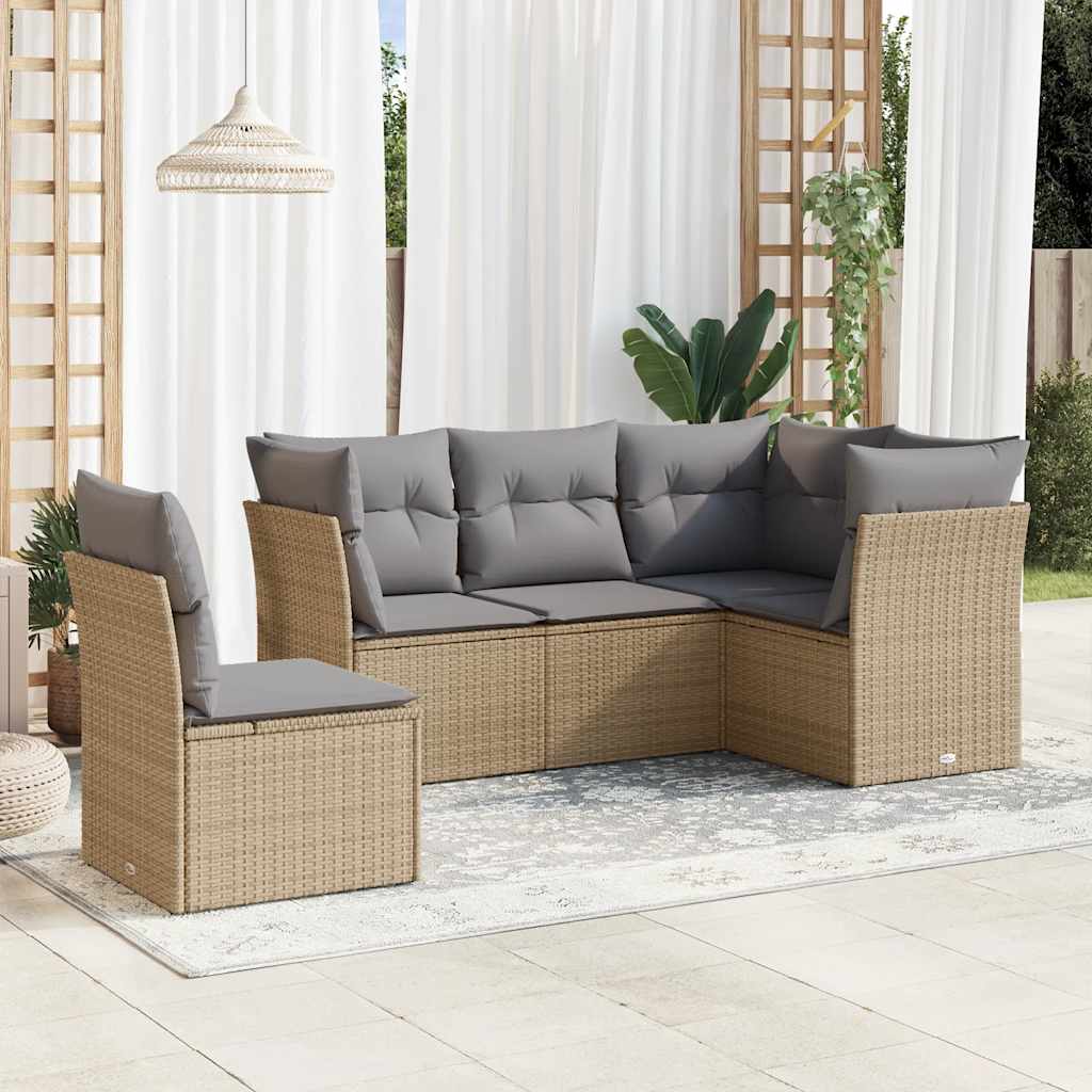 5 Piece Garden Sofa Set With Cushions Poly Rattan