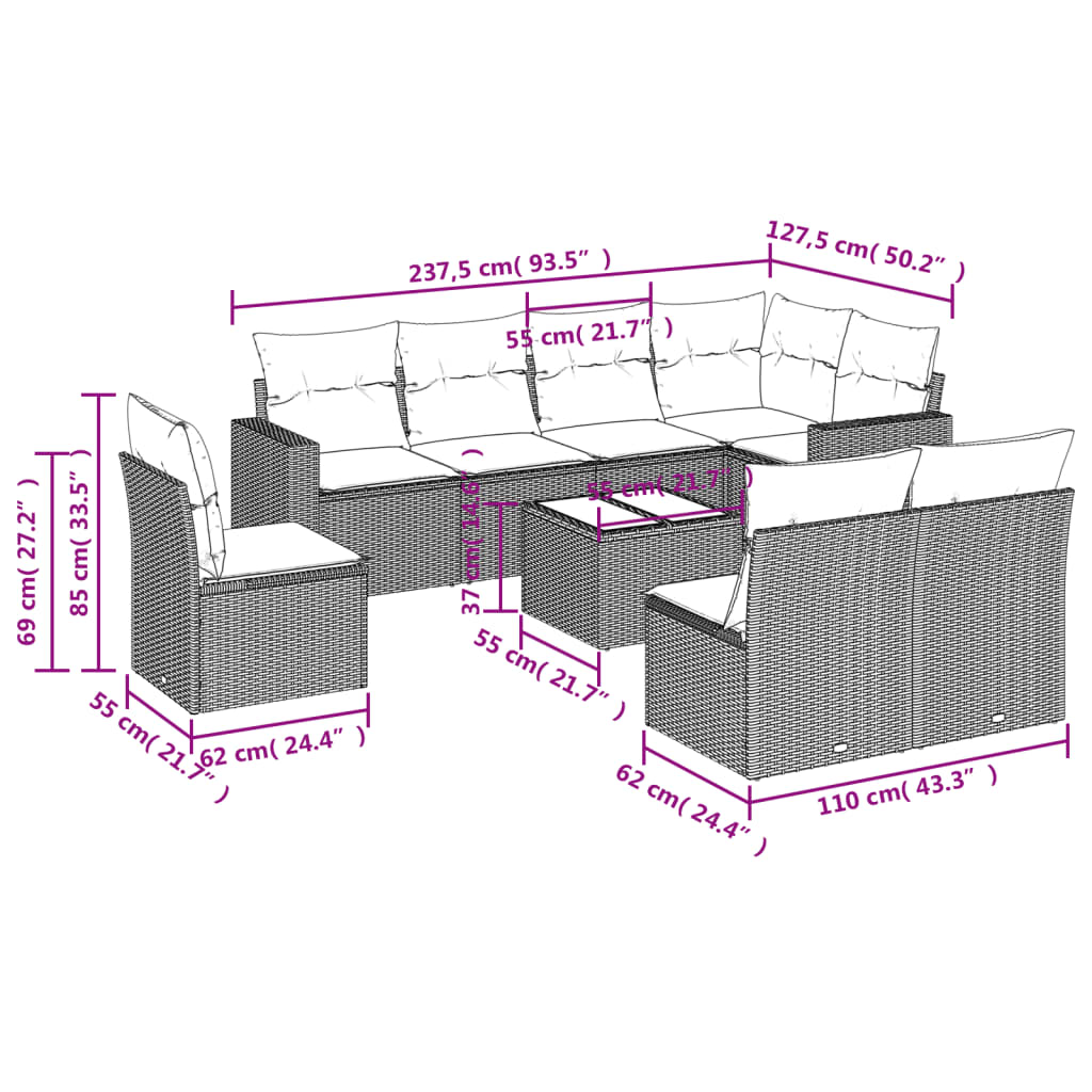 9 Piece Garden Sofa Set With Cushions Poly Rattan