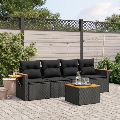 5 Piece Garden Sofa Set With Cushions Black Poly Rattan