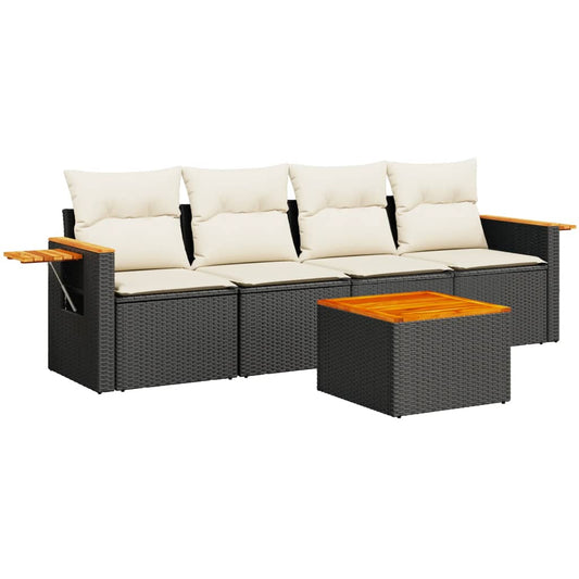 5 Piece Garden Sofa Set With Cushions Black Poly Rattan