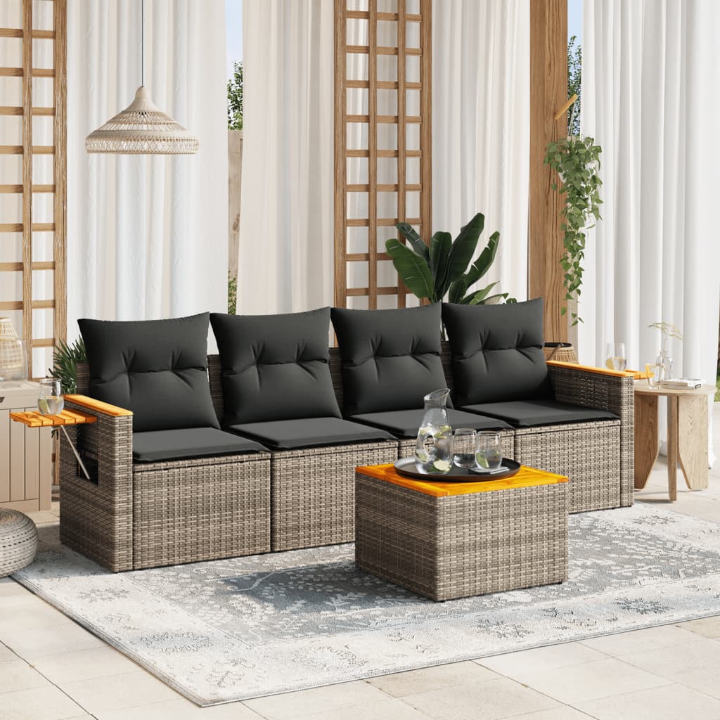 5 Piece Garden Sofa Set With Cushions Black Poly Rattan