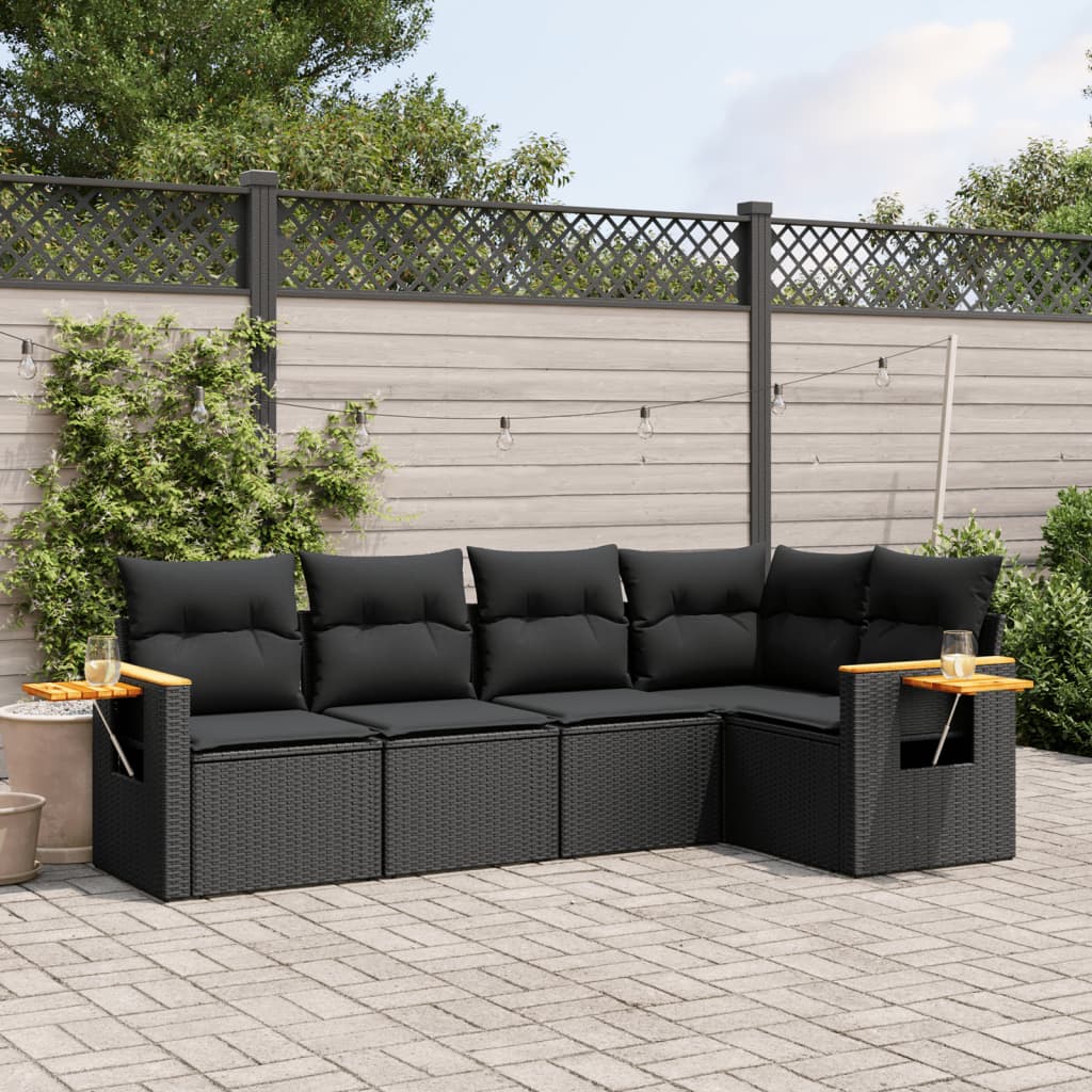 5 Piece Garden Sofa Set With Cushions Black Poly Rattan