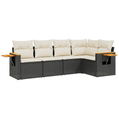 5 Piece Garden Sofa Set With Cushions Black Poly Rattan