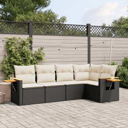 5 Piece Garden Sofa Set With Cushions Black Poly Rattan