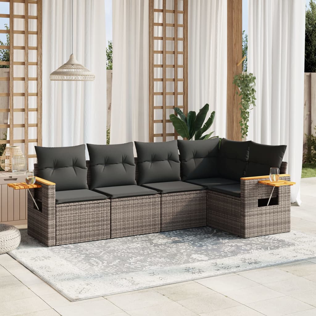 5 Piece Garden Sofa Set With Cushions Black Poly Rattan