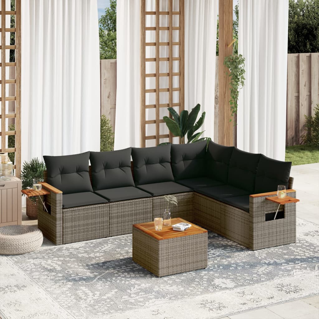 7 Piece Garden Sofa Set With Cushions Black Poly Rattan