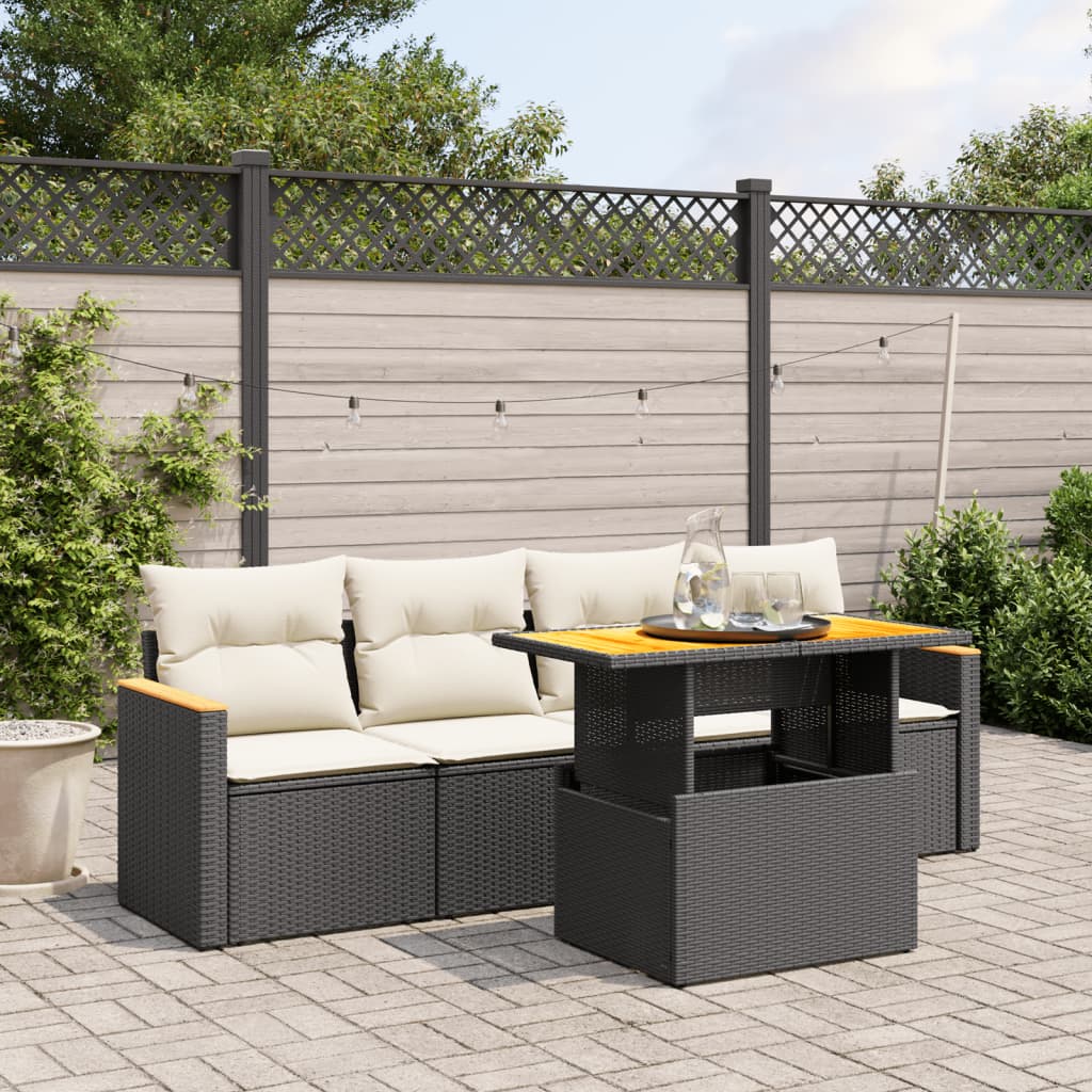 5 Piece Garden Sofa Set With Cushions Poly Rattan Acacia