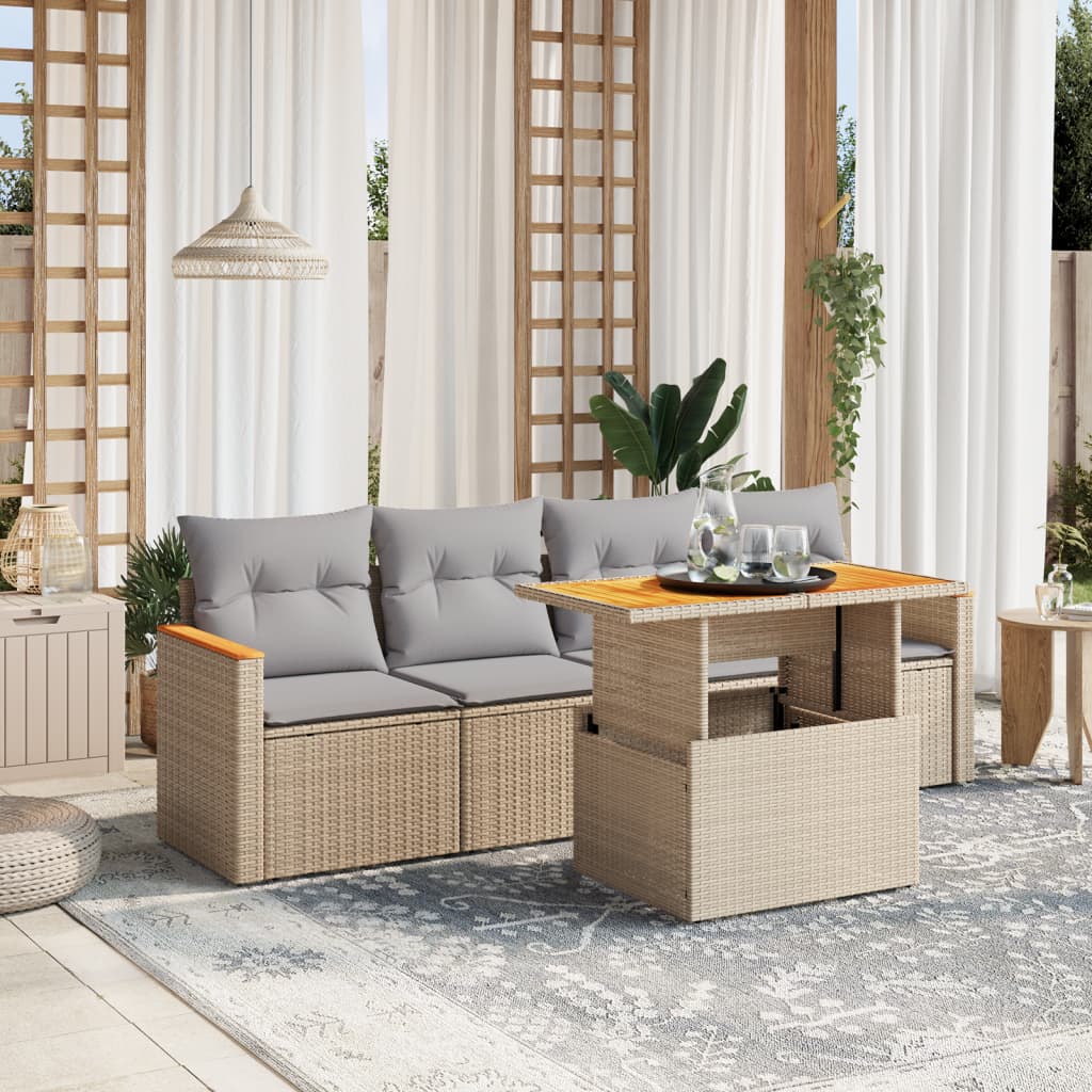 5 Piece Garden Sofa Set With Cushions Poly Rattan Acacia