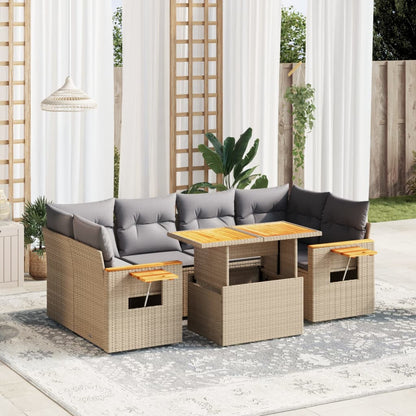 7 Piece Garden Sofa Set With Cushions Poly Rattan Acacia