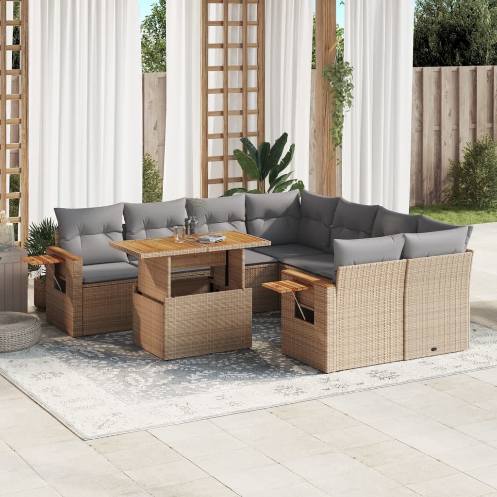 9 Piece Garden Sofa Set With Cushions Poly Rattan Acacia