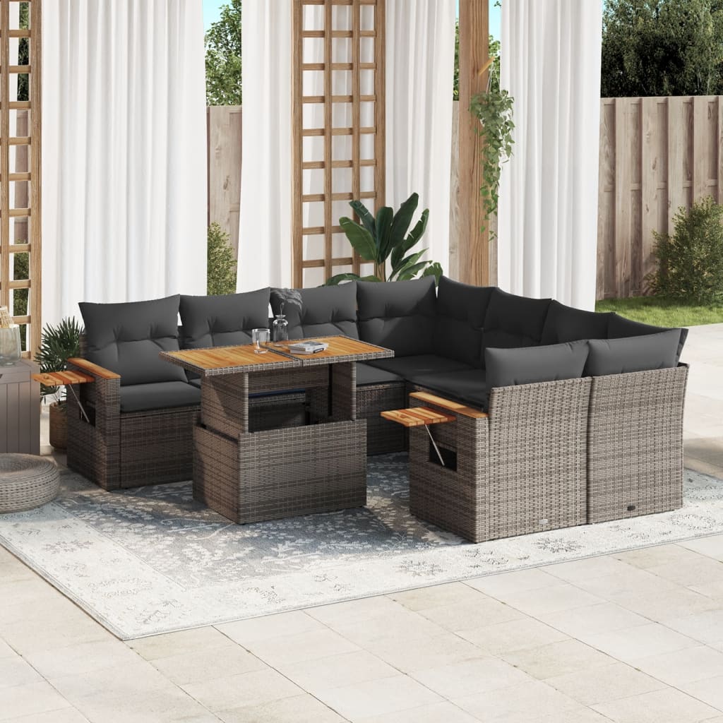 9 Piece Garden Sofa Set With Cushions Poly Rattan Acacia