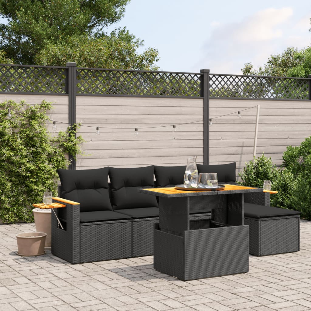 6 Piece Garden Sofa Set With Cushions Black Poly Rattan Acacia
