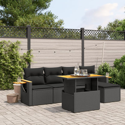 6 Piece Garden Sofa Set With Cushions Black Poly Rattan Acacia