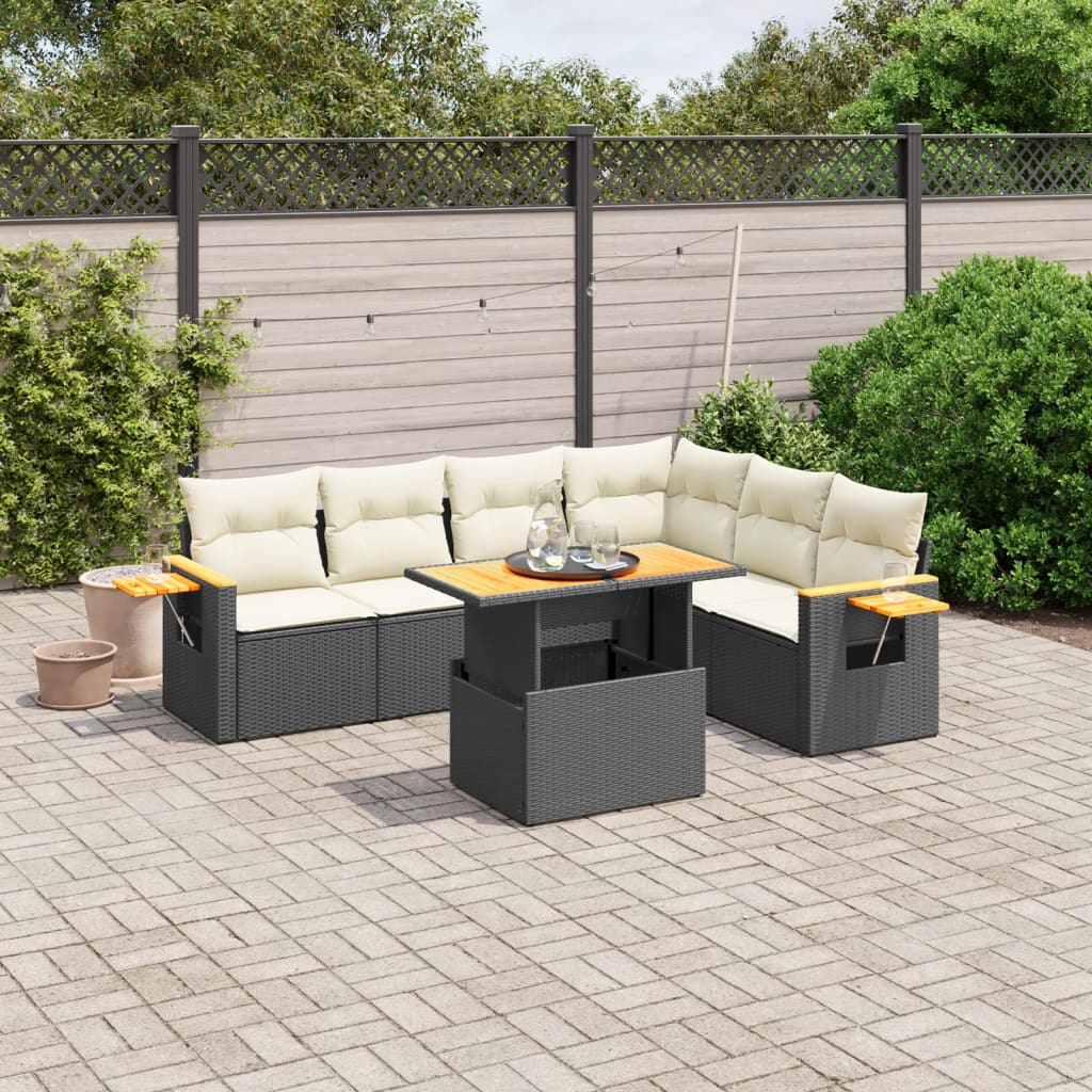 6 Piece Garden Sofa Set With Cushions Black Poly Rattan Acacia