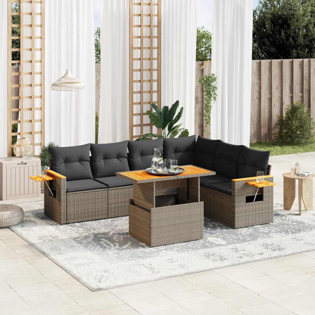 6 Piece Garden Sofa Set With Cushions Black Poly Rattan Acacia