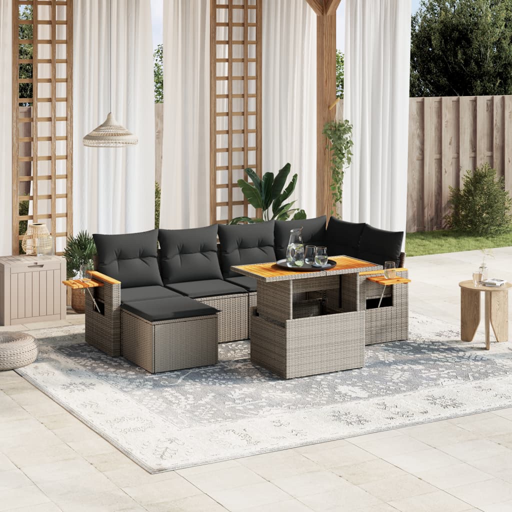 7 Piece Garden Sofa Set With Cushions Poly Rattan Acacia