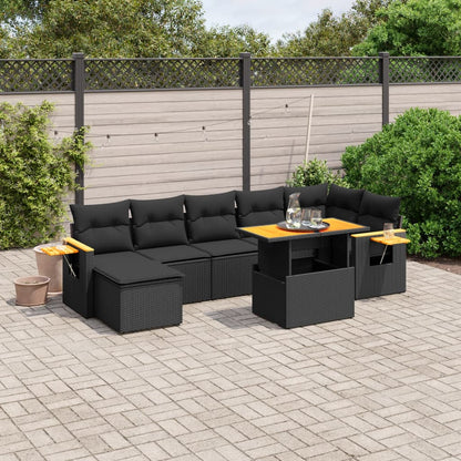 8 Piece Garden Sofa Set With Cushions Black Poly Rattan Acacia