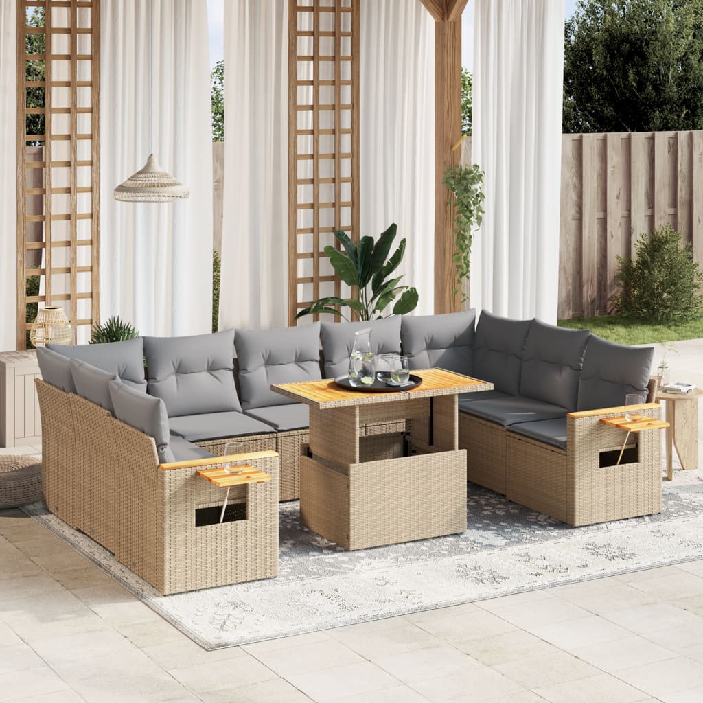 10 Piece Garden Sofa Set With Cushions Poly Rattan Acacia