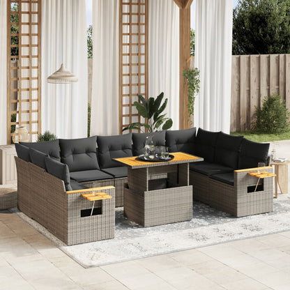 10 Piece Garden Sofa Set With Cushions Poly Rattan Acacia