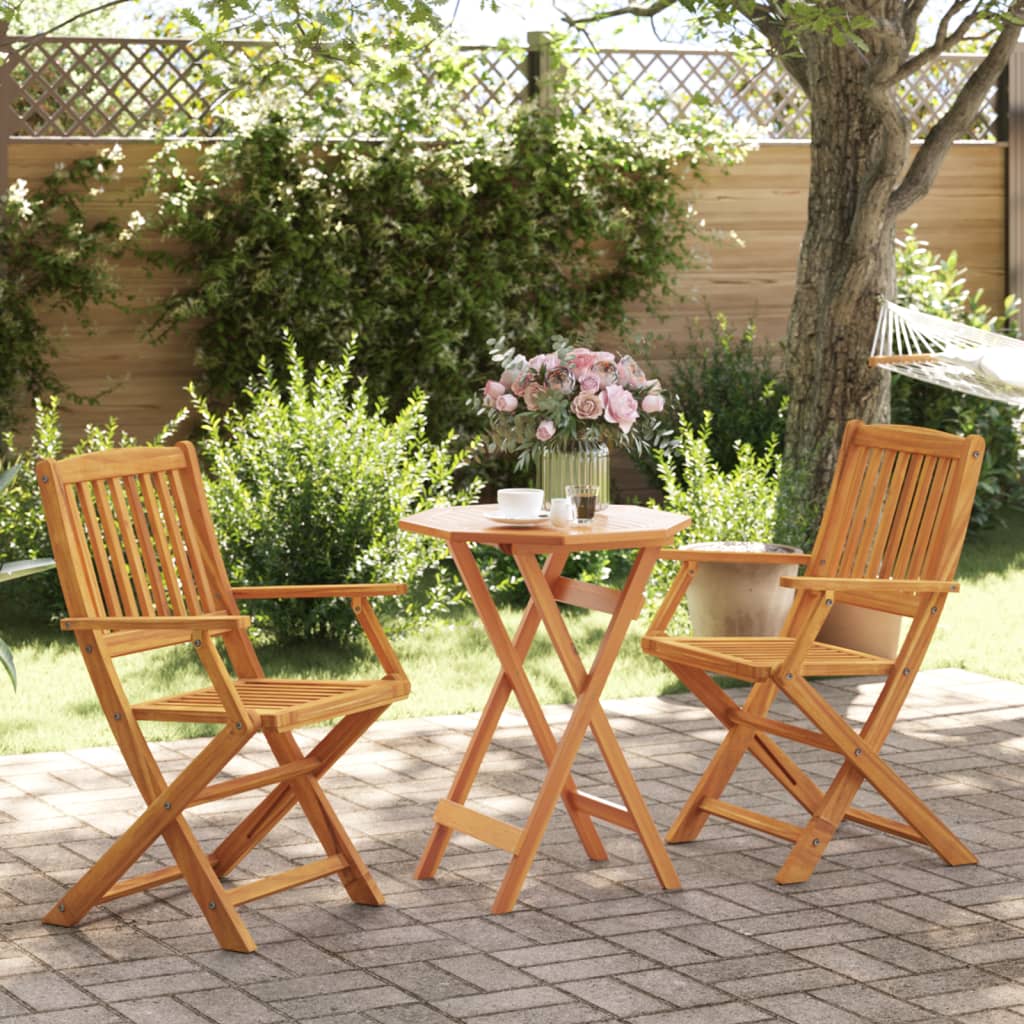 3 Piece Folding Bistro Set Solid Wood Acacia With Armrests