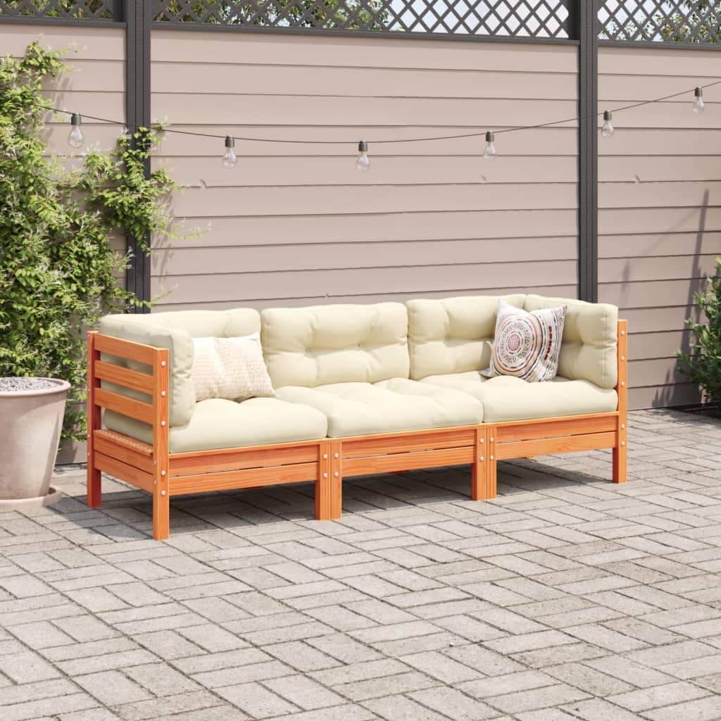 3 Piece Garden Sofa Set With Cushions Solid Wood Pine