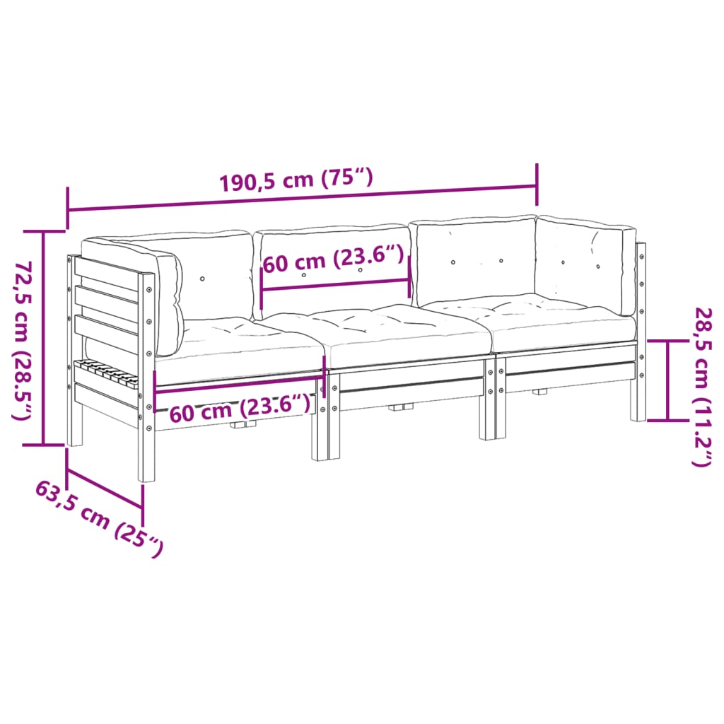 3 Piece Garden Sofa Set With Cushions Solid Wood Pine