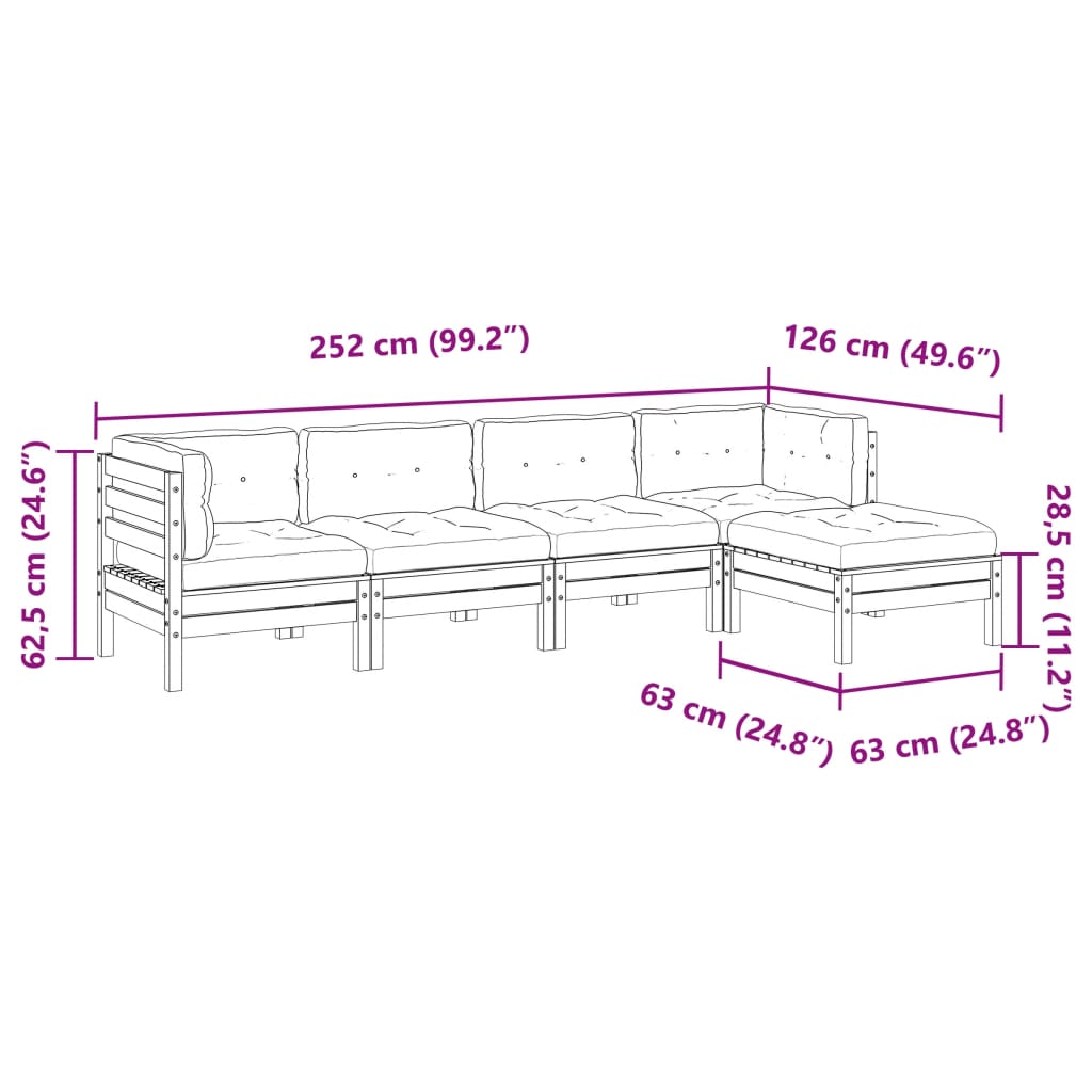 5 Piece Garden Sofa Set With Cushions Solid Wood Pine