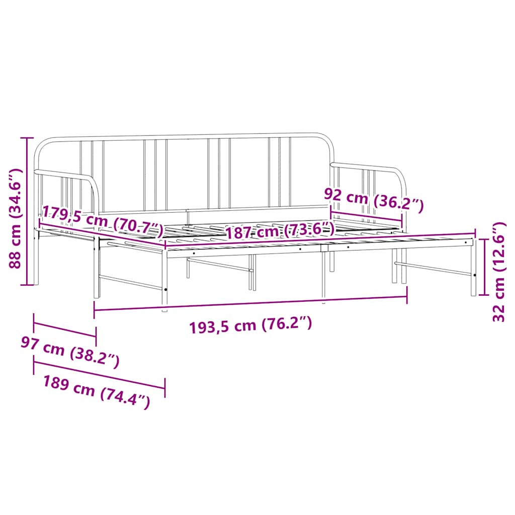 Daybed With Trundle Without Mattress 92X187 Cm Single Metal
